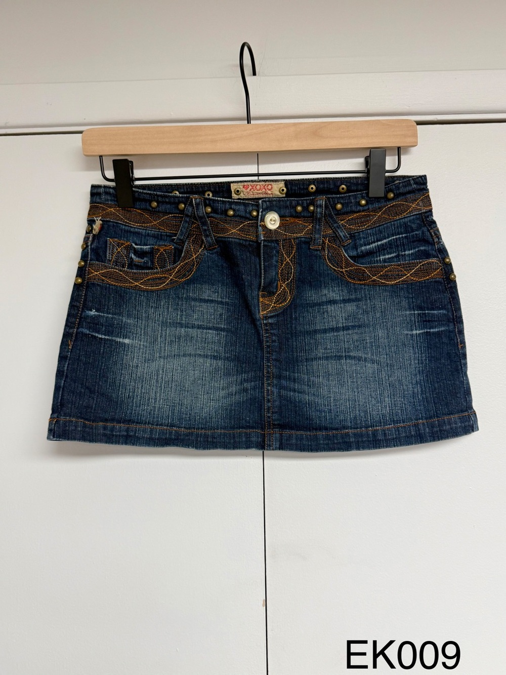 Y2K XOXO Premium Denim Studded Low Rise Mini Skirt Size 1/2 McBling